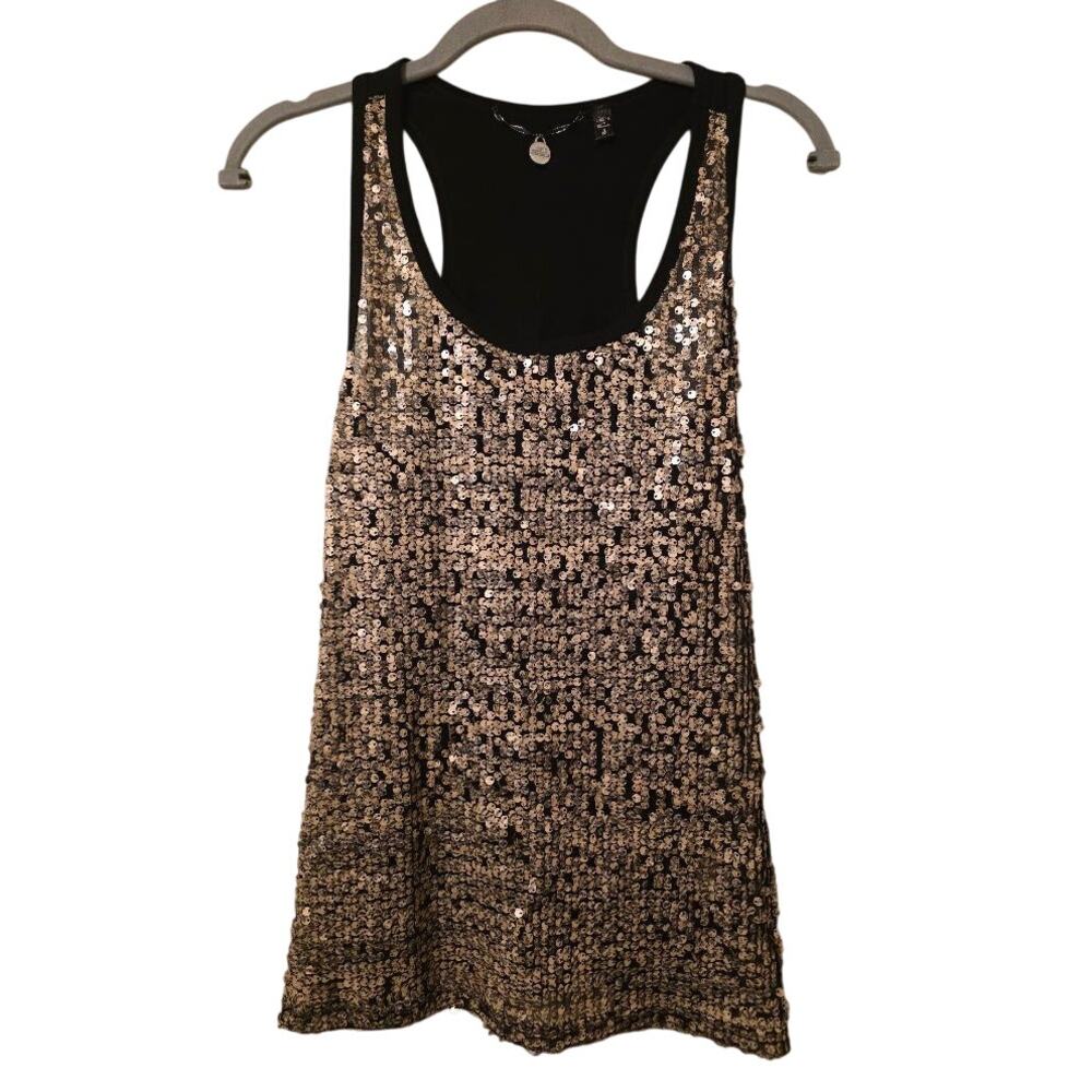 BKE Boutique Sequin Racerback Tank Top Womens S Black Gold Y2K Party Buckle
